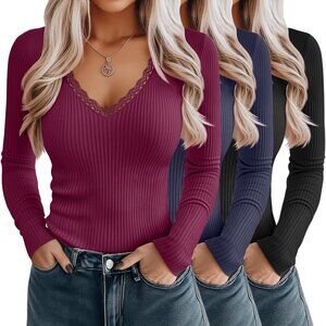 3 Pack Women’s Cotton Long Sleeve Shirts V-Neck Slim Fit Tees